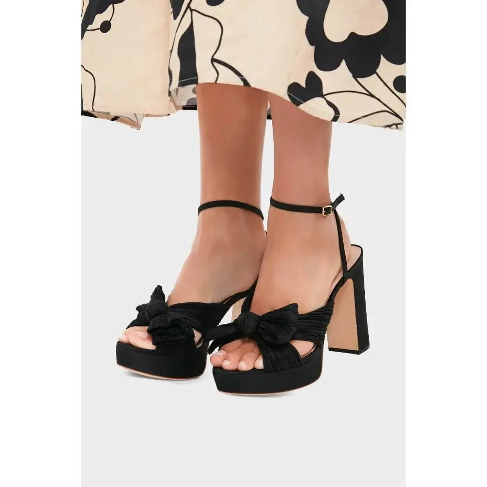 Loeffler Randall Natalia Black Silk Bow Pleated Platform Heel Sandals 6 NWT